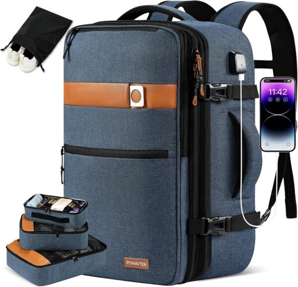 POWAITER Carry on Backpack, Large Travel Laptop Backpack 40L, 17 Inch Flight Approved Luggage Backpack for Men & Women with 4 Packing Cubes, Great for Airplanes - Ocean Navy