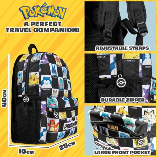 Pokemon Kids Backpack with Water Bottle Pocket for School, Sports, Travel - Anime Gifts (Black/White) - Image 6
