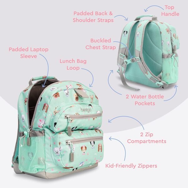 Bentgo Kids Backpack - Lightweight 14” Backpack in Fun Prints for School, Travel, & Daycare, Ideal for Ages 4+, Roomy Interior, Durable & Water-Resistant Fabric, & Loop for Lunch Bag (Puppy Love) - Image 3
