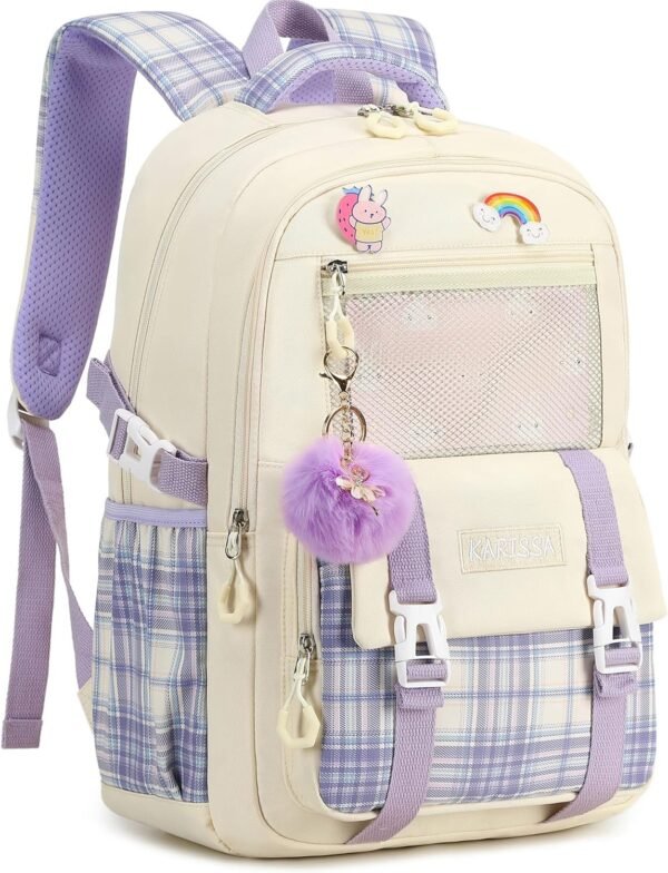 AO ALI VICTORY Girls Backpack 15.6 Inch Laptop School Bag Cute Kids Elementary College Backpacks Large Bookbags for Teen Girl Women Students Anti Theft Travel Daypack - Beige