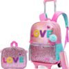 HTgroce 3PCS Rolling Backpack for Girls, Girls Glitter Bookbag with Roller Wheels, Kindergarten Wheeled Backpack for Girls with Lunch Box
