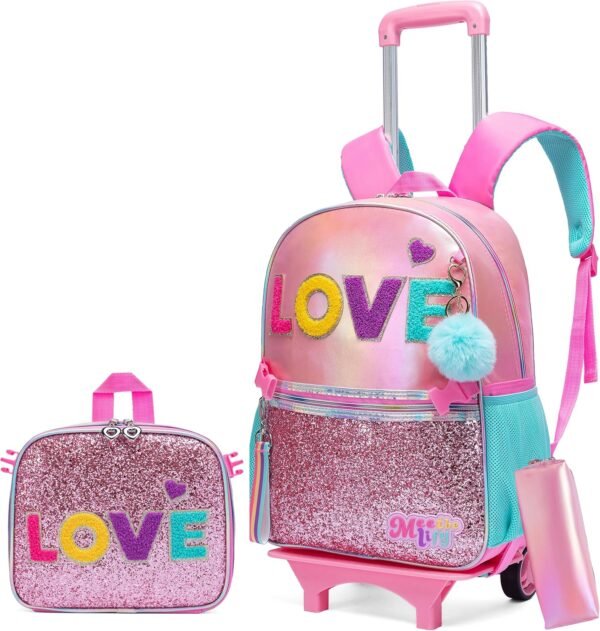 HTgroce 3PCS Rolling Backpack for Girls, Girls Glitter Bookbag with Roller Wheels, Kindergarten Wheeled Backpack for Girls with Lunch Box
