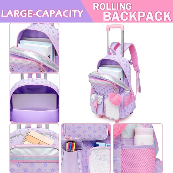 Meetbelify Backpack with Wheels for Girls Rolling Backpack Cute Carry on Backpack for Elementary Student - Image 4